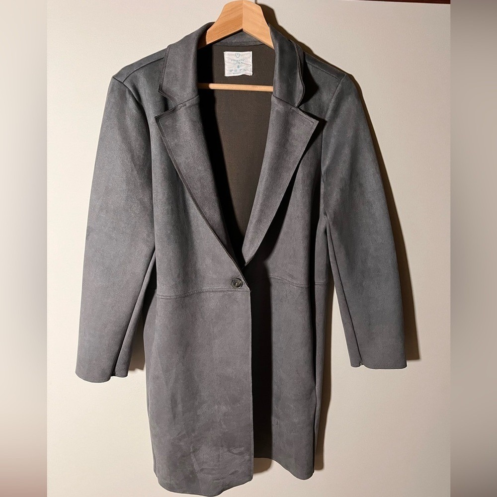 Primark Charcoal Gray Faux Suede-Stretch Long Blazer